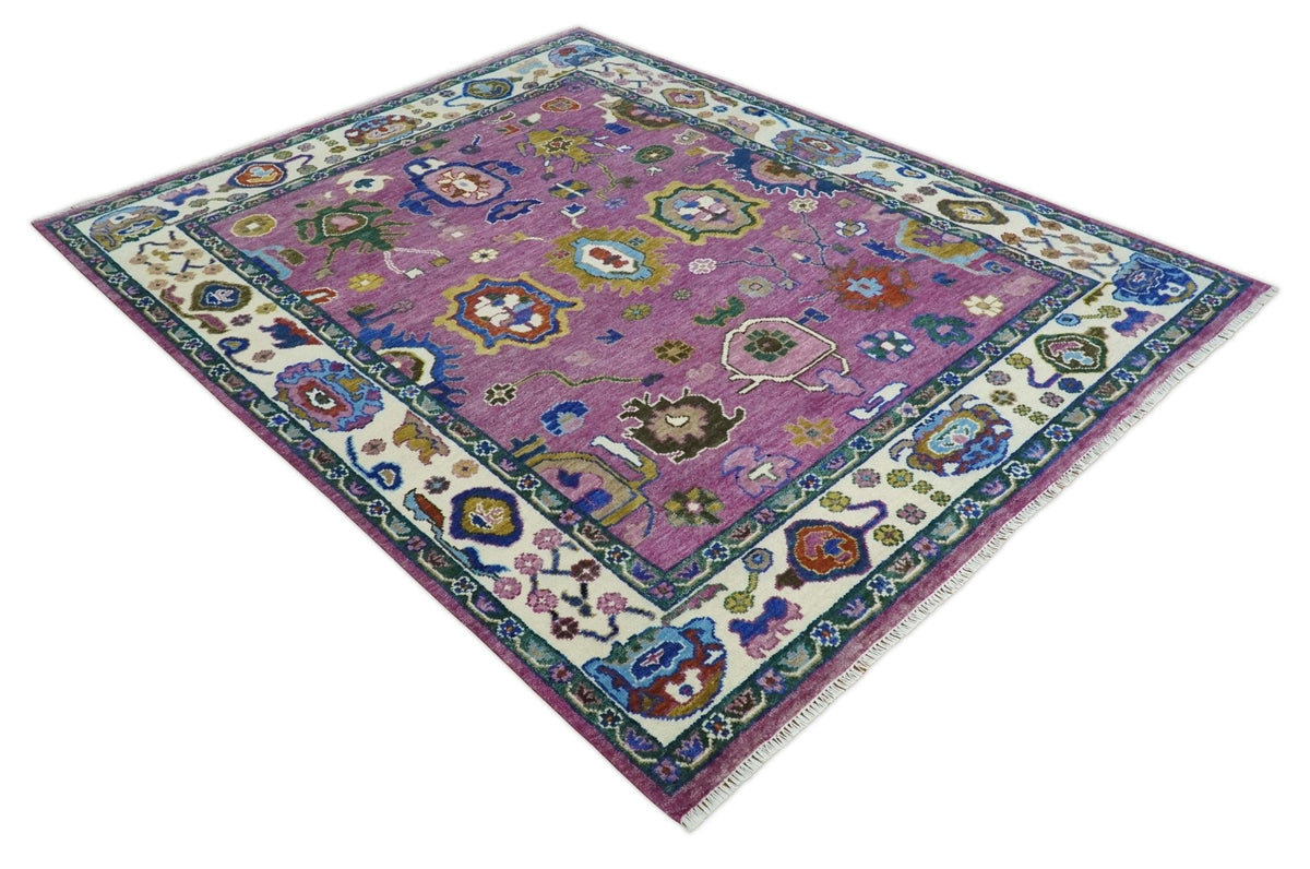 Purple And Ivory Hand knotted Modern Oushak Wool Area Rug.