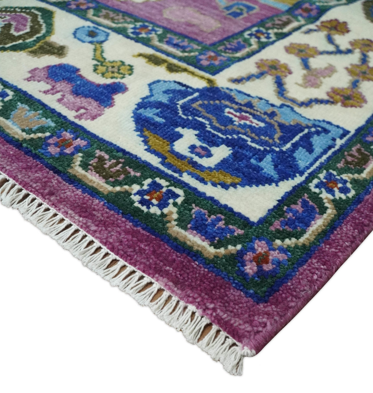 Purple And Ivory Hand knotted Modern Oushak Wool Area Rug.