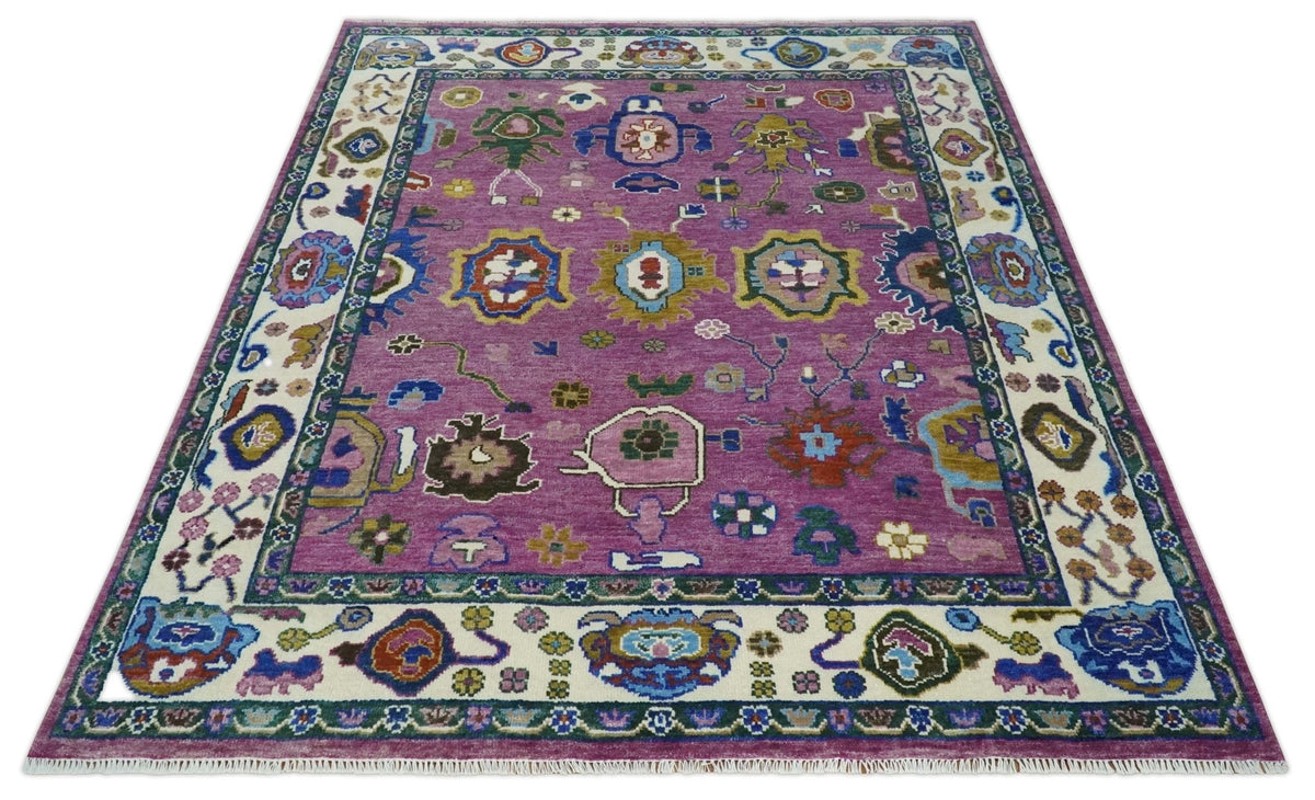 Purple And Ivory Hand knotted Modern Oushak Wool Area Rug.