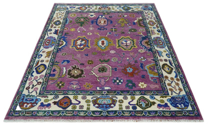 Purple And Ivory Hand knotted Modern Oushak Wool Area Rug.