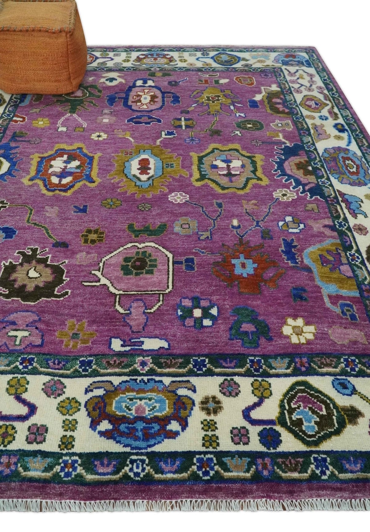 Purple And Ivory Hand knotted Modern Oushak Wool Area Rug.