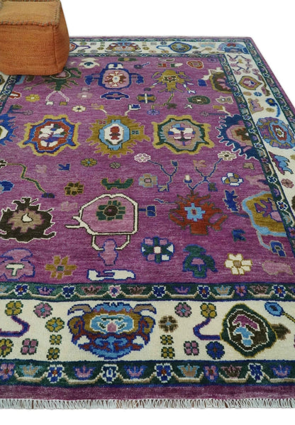 Purple And Ivory Hand knotted Modern Oushak Wool Area Rug.