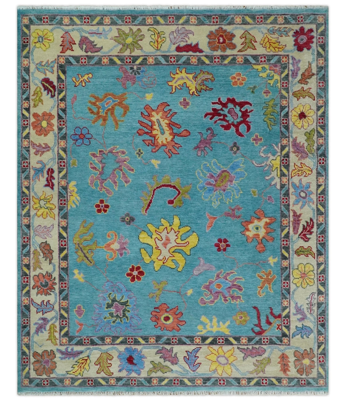 Traditional Blue and Beige Hand knotted Oushak Custom Made Wool Area Rug.