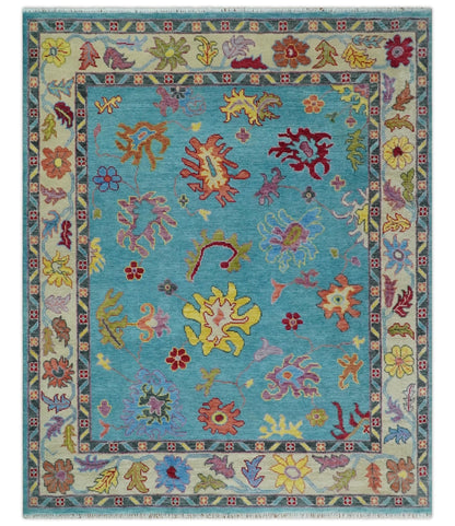 Traditional Blue and Beige Hand knotted Oushak Custom Made Wool Area Rug.