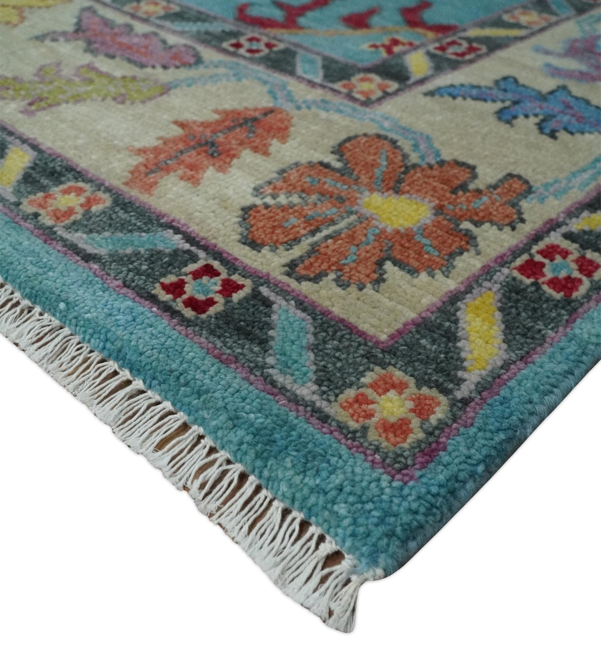 Traditional Blue and Beige Hand knotted Oushak Custom Made Wool Area Rug.