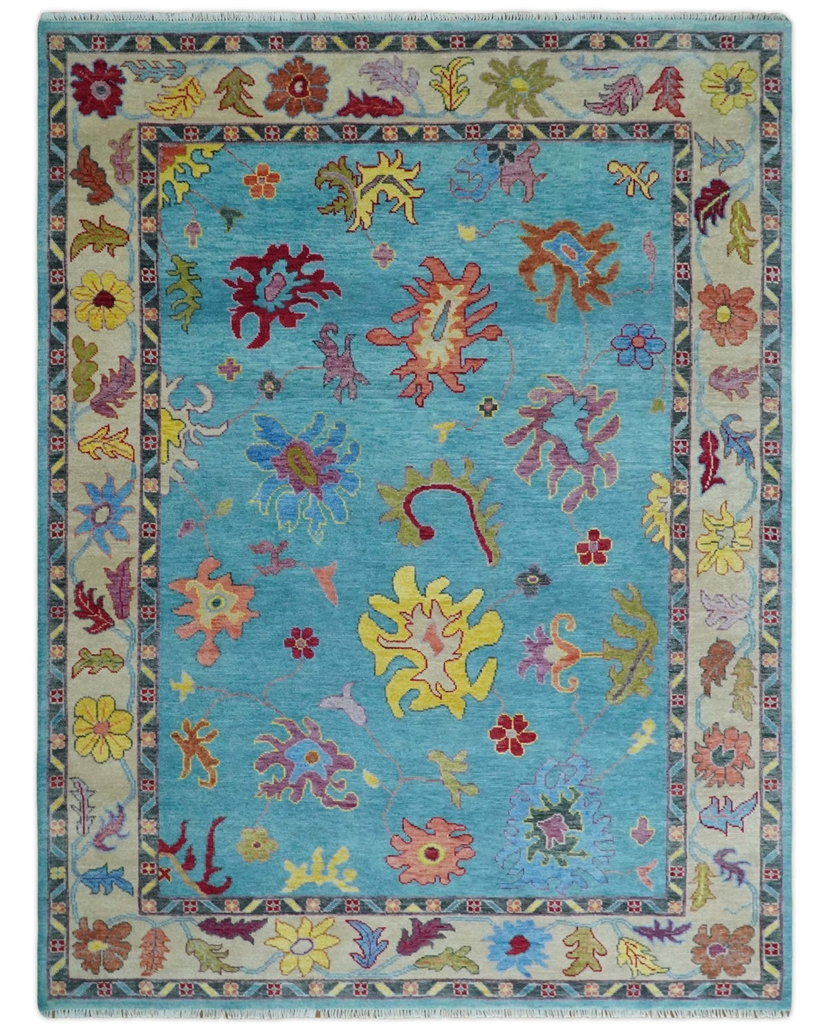 Traditional Blue and Beige Hand knotted Oushak Custom Made Wool Area Rug.