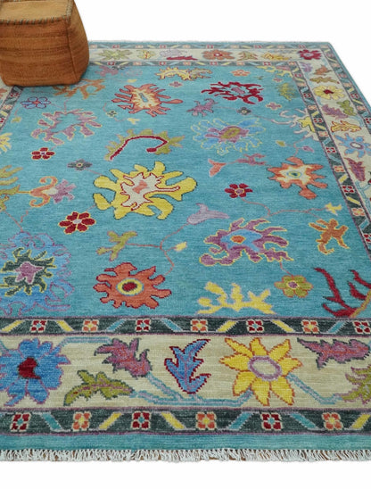 Traditional Blue and Beige Hand knotted Oushak Custom Made Wool Area Rug.