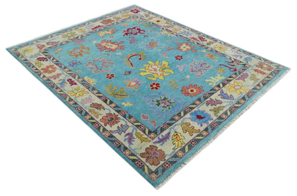 Traditional Blue and Beige Hand knotted Oushak Custom Made Wool Area Rug.