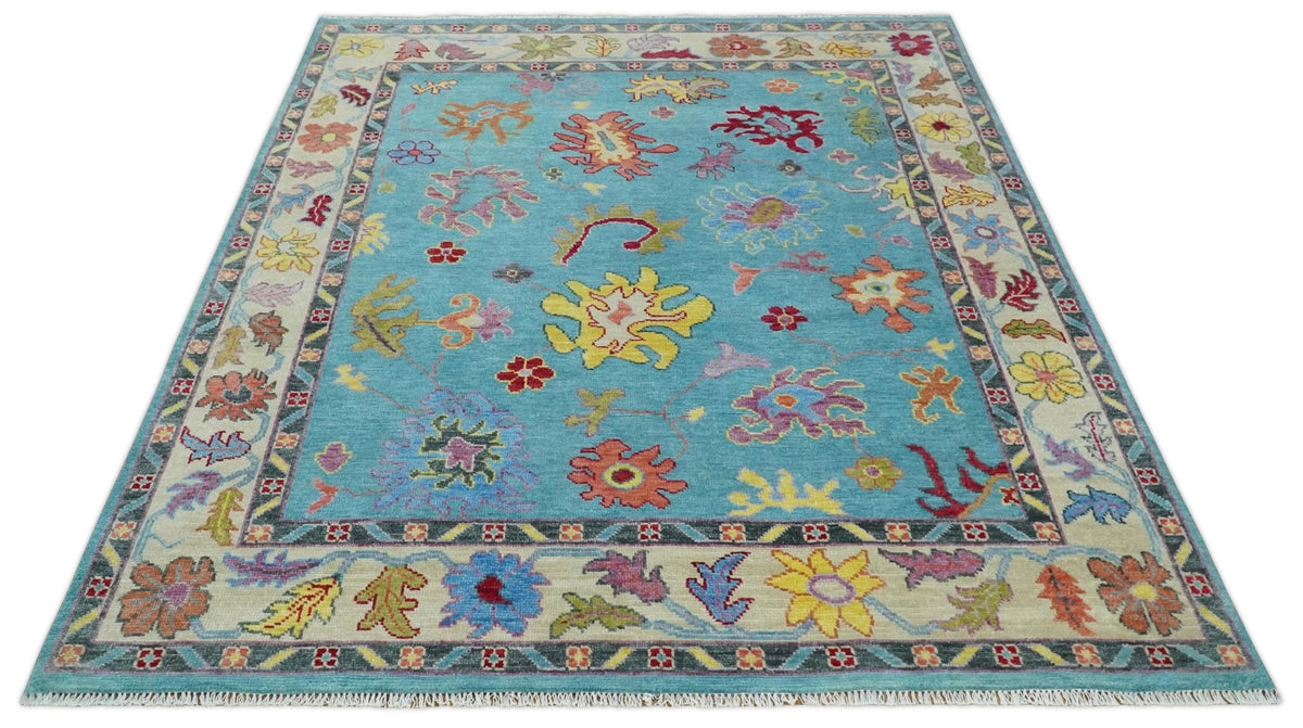 Traditional Blue and Beige Hand knotted Oushak Custom Made Wool Area Rug.