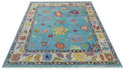 Traditional Blue and Beige Hand knotted Oushak Custom Made Wool Area Rug.