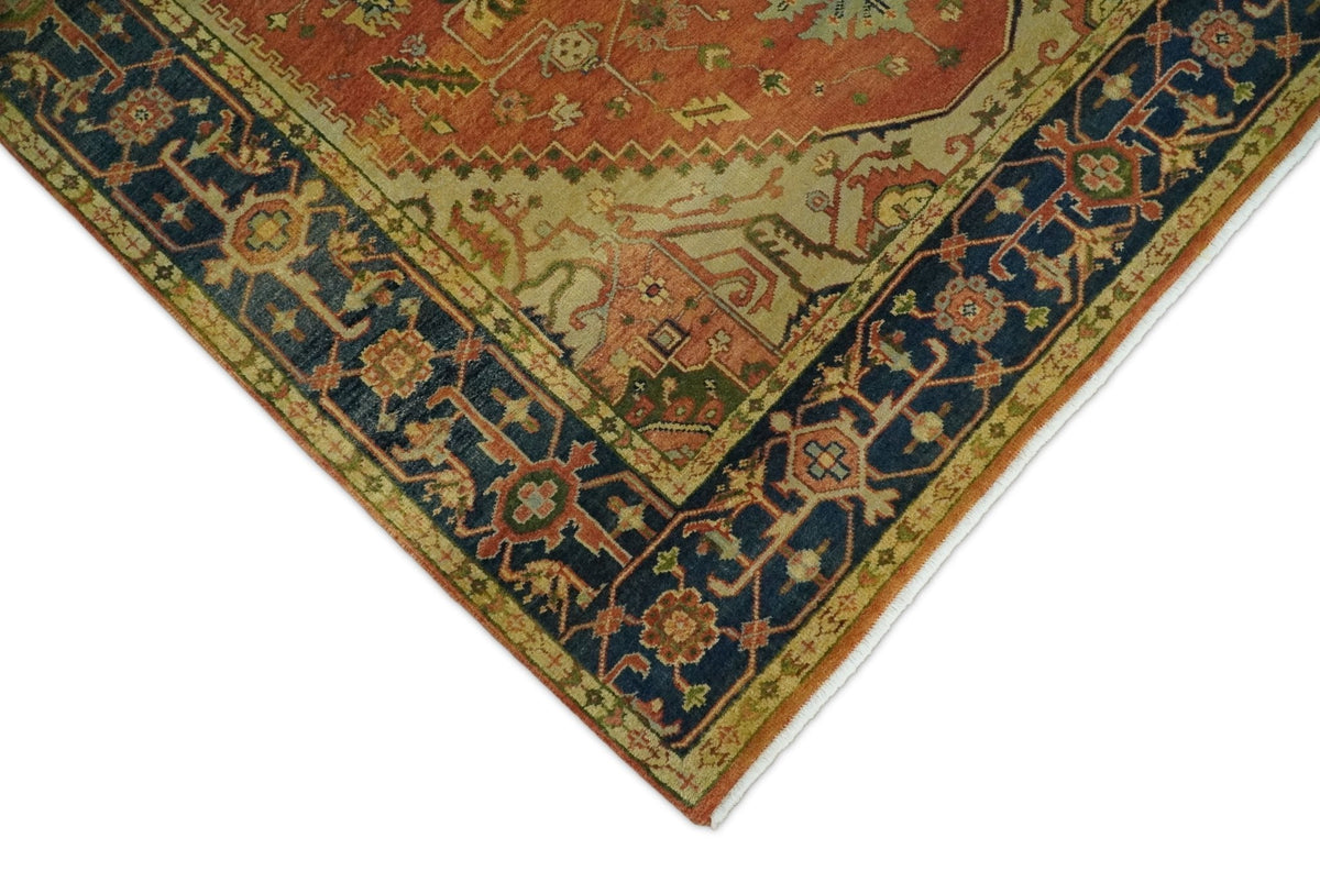 Rust And Blue Traditional Heriz Hand knotted Wool Area Rug.