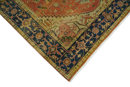 Rust And Blue Traditional Heriz Hand knotted Wool Area Rug.