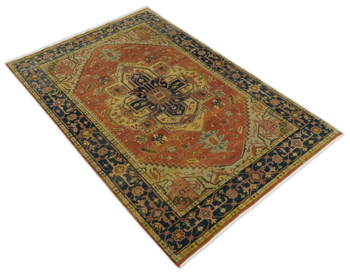 Rust And Blue Traditional Heriz Hand knotted Wool Area Rug.