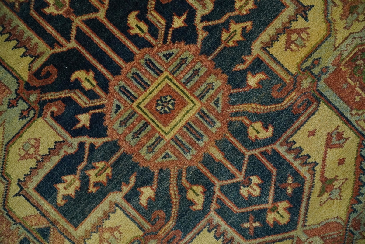 Rust And Blue Traditional Heriz Hand knotted Wool Area Rug.