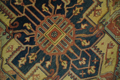 Rust And Blue Traditional Heriz Hand knotted Wool Area Rug.