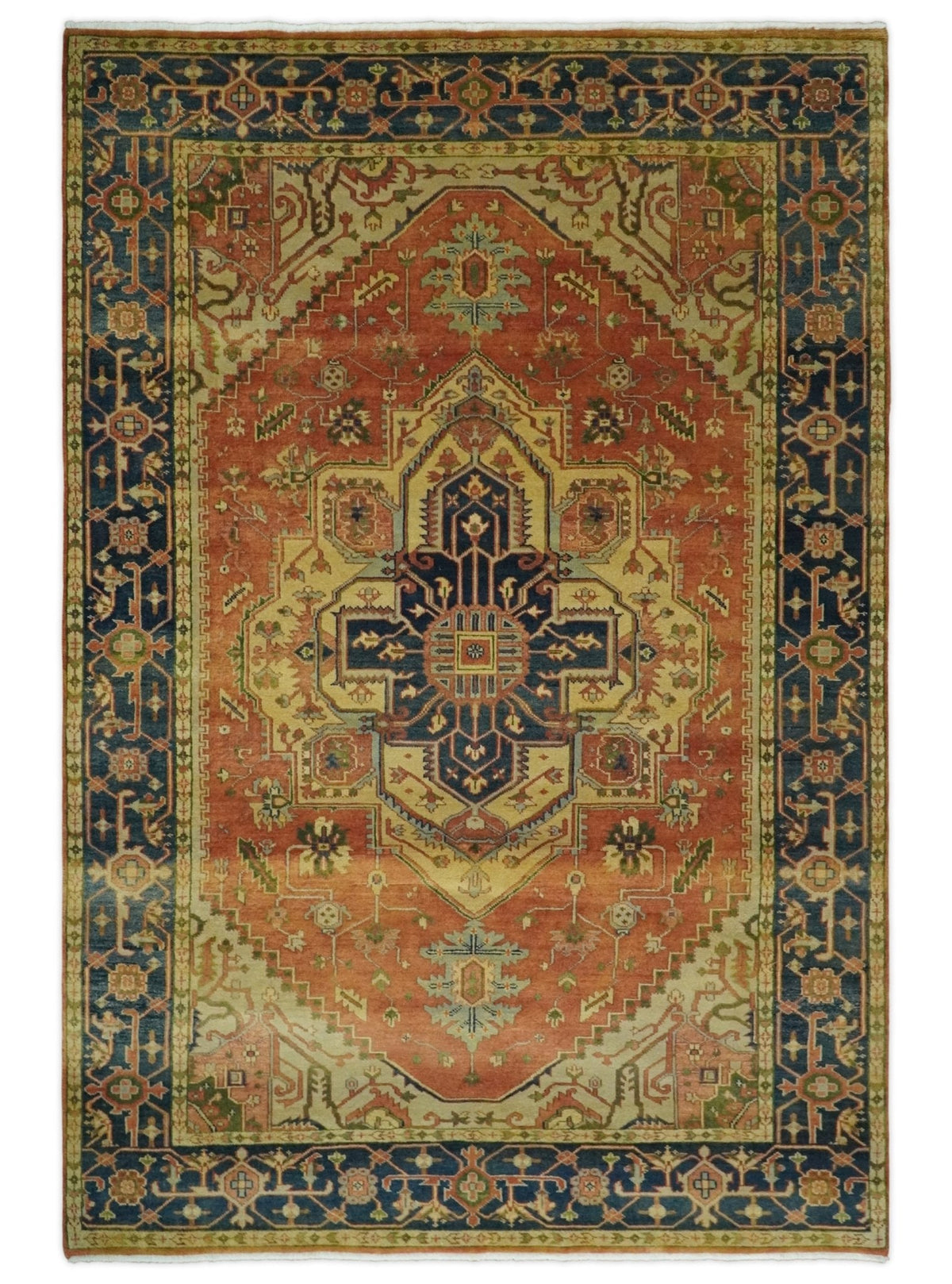 Rust And Blue Traditional Heriz Hand knotted Wool Area Rug.