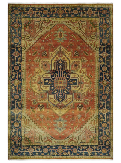 Rust And Blue Traditional Heriz Hand knotted Wool Area Rug.