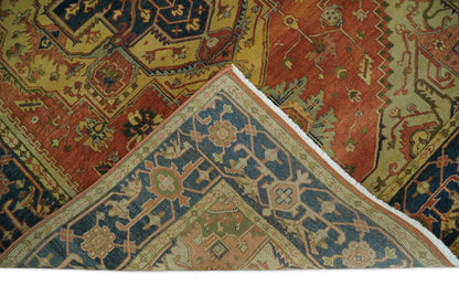 Rust And Blue Traditional Heriz Hand knotted Wool Area Rug.