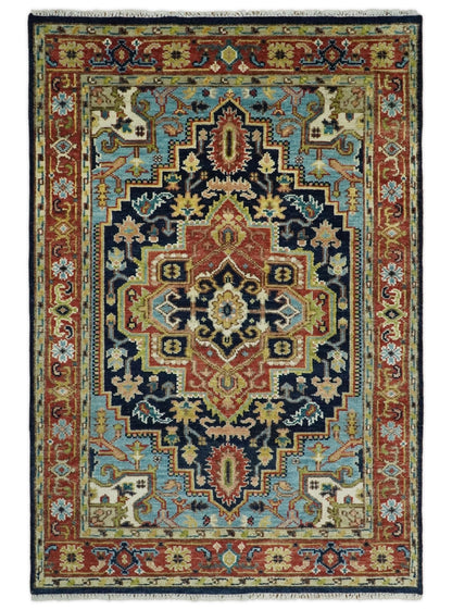 Custom Made Traditional Blue and Rust Hand Knotted Wool Area Rug.