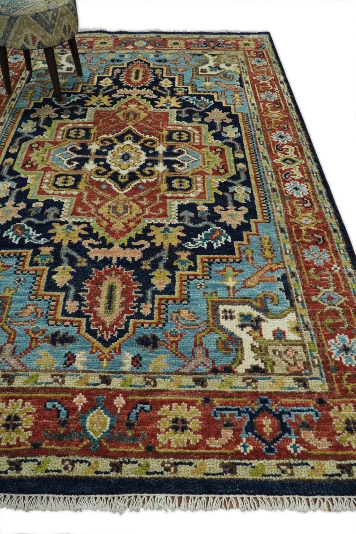 Custom Made Traditional Blue and Rust Hand Knotted Wool Area Rug.