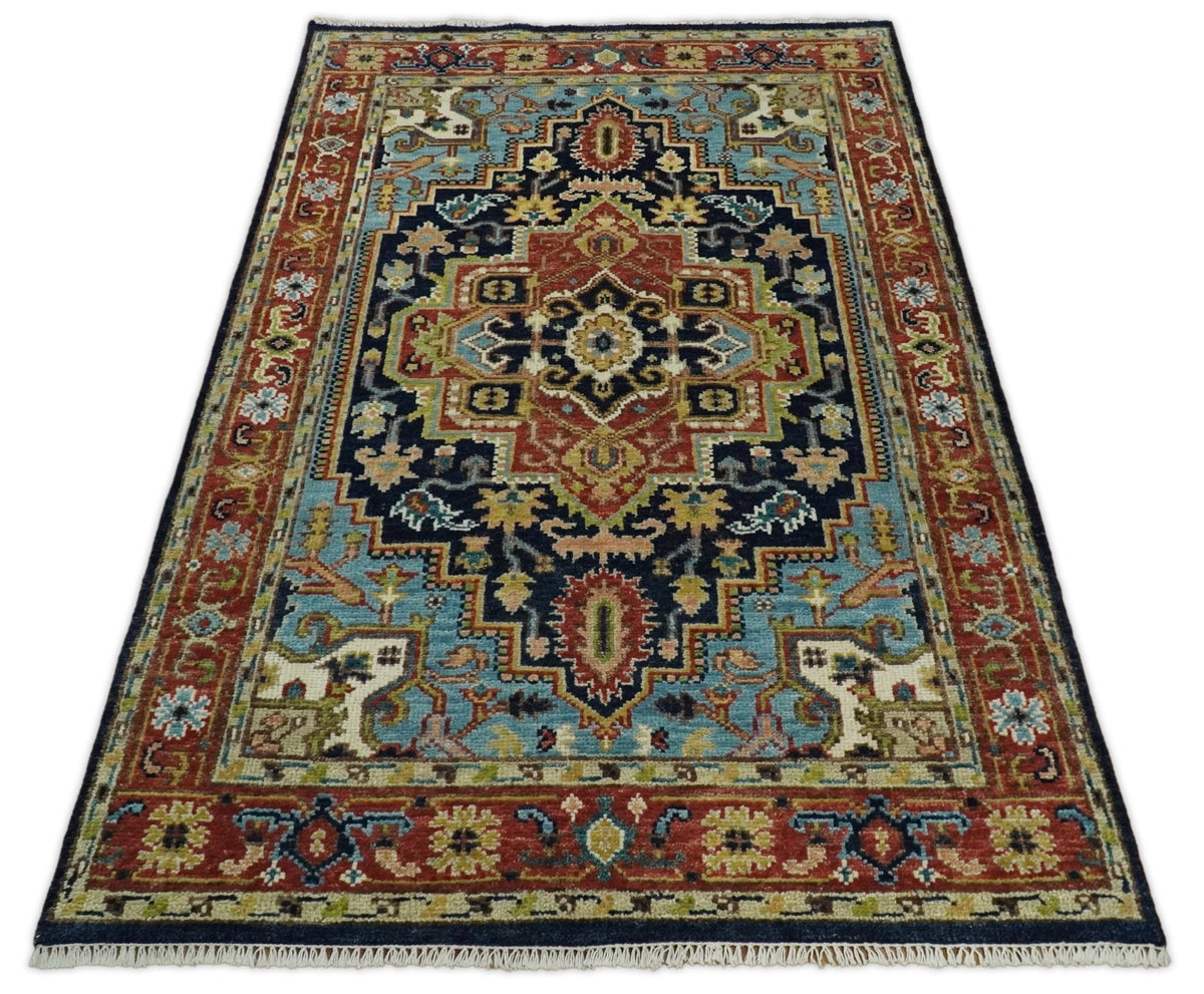 Custom Made Traditional Blue and Rust Hand Knotted Wool Area Rug.