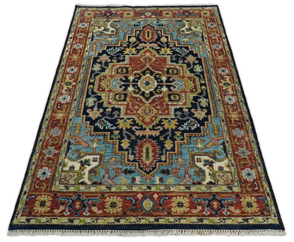 Custom Made Traditional Blue and Rust Hand Knotted Wool Area Rug.
