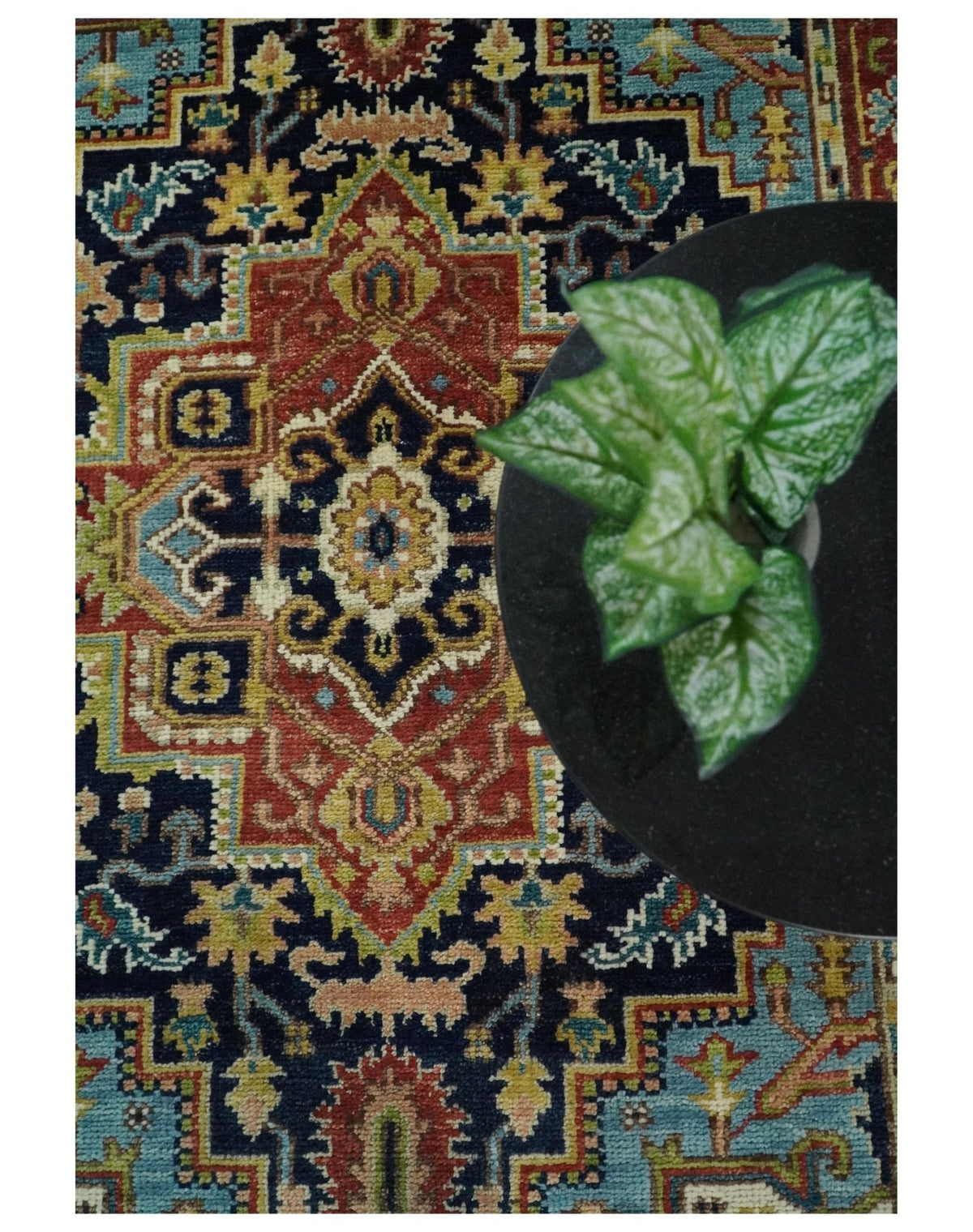 Custom Made Traditional Blue and Rust Hand Knotted Wool Area Rug.