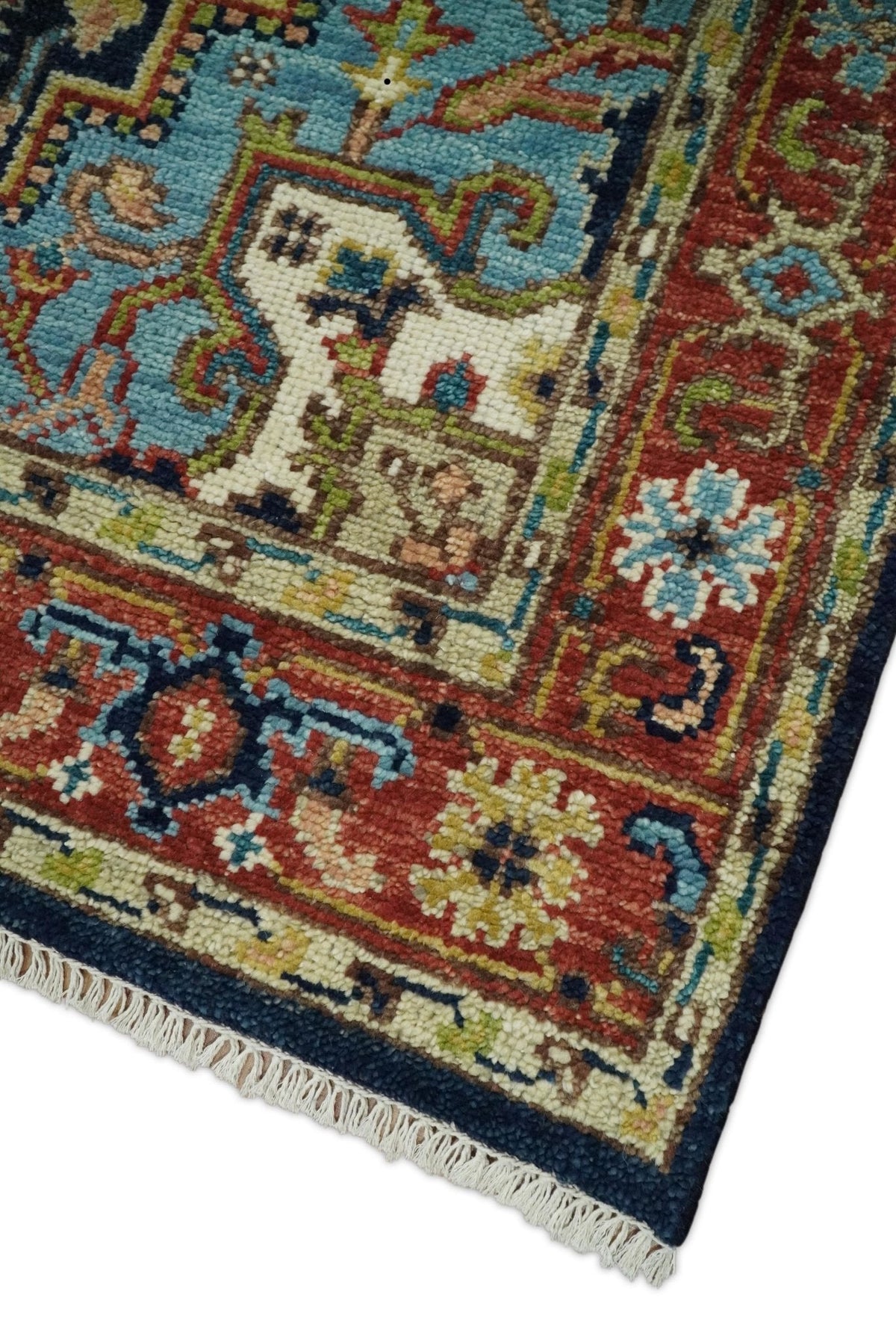 Custom Made Traditional Blue and Rust Hand Knotted Wool Area Rug.