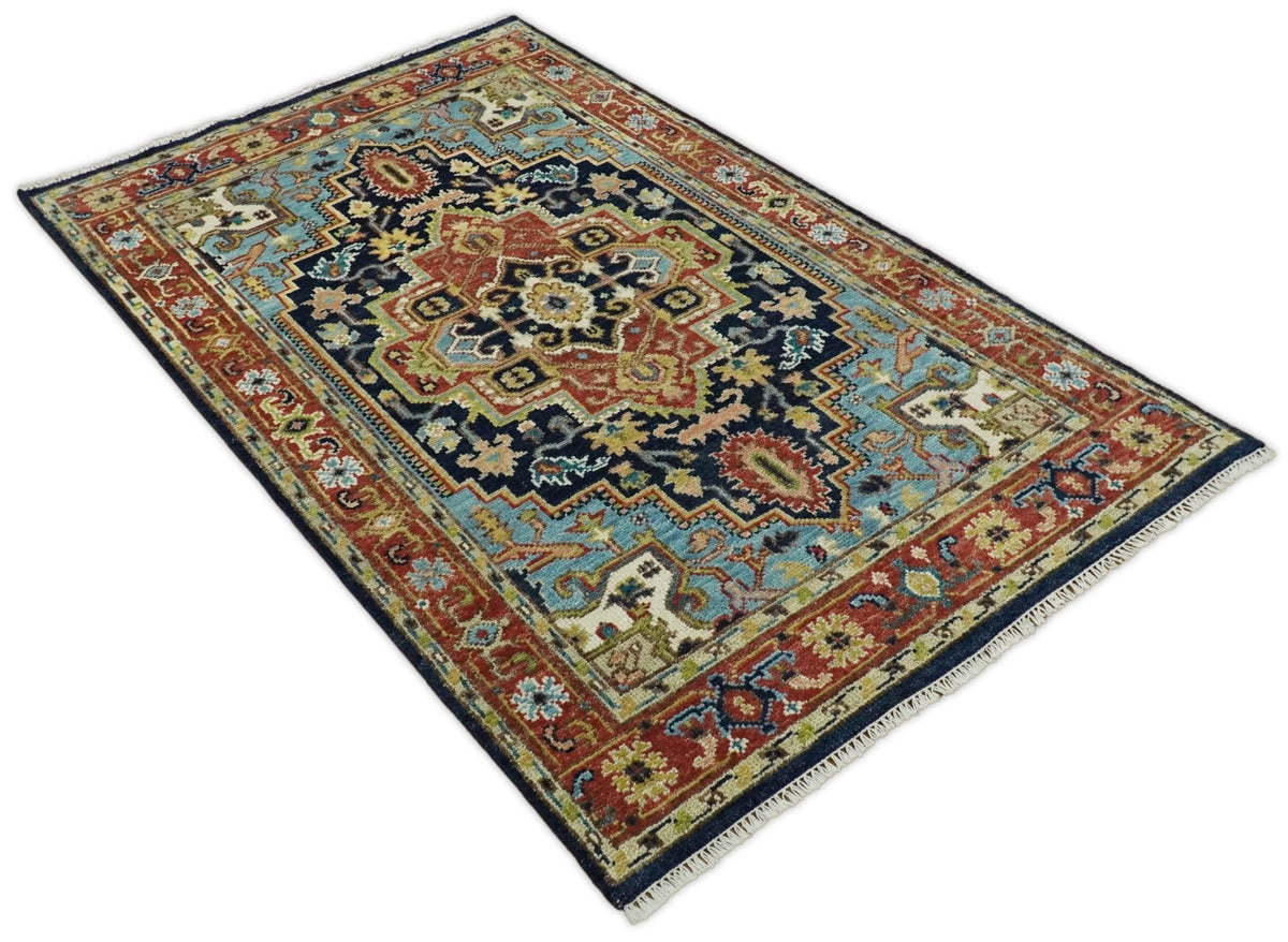 Custom Made Traditional Blue and Rust Hand Knotted Wool Area Rug.