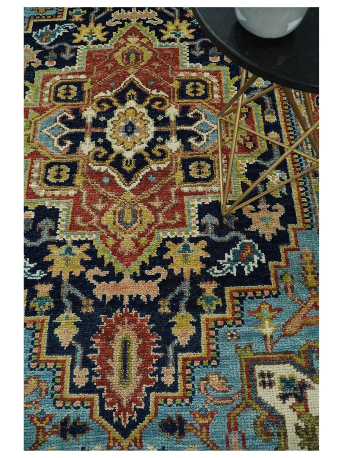 Custom Made Traditional Blue and Rust Hand Knotted Wool Area Rug.