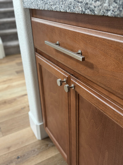 Lew's Square Bar Cabinet Knobs and Pulls in Brushed Nickel.