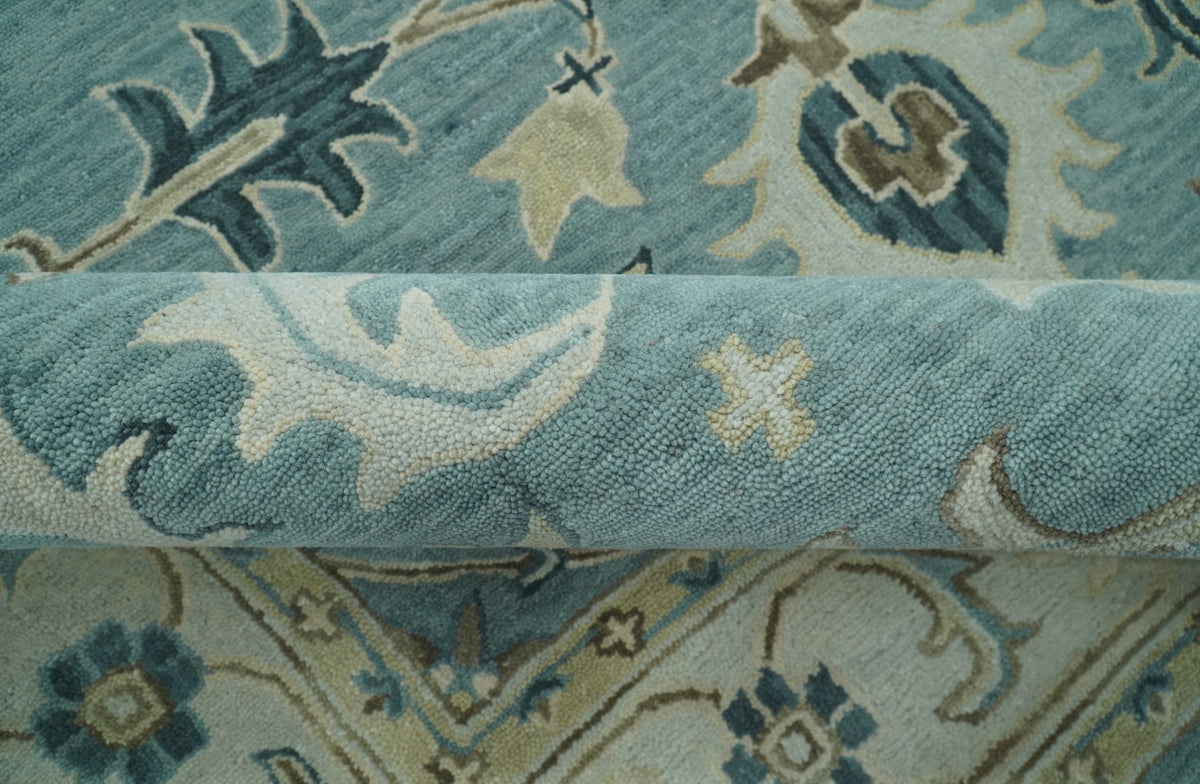 Custom Made Aqua, Ivory and Beige Hand Tufted Oriental Oushak wool area rug.