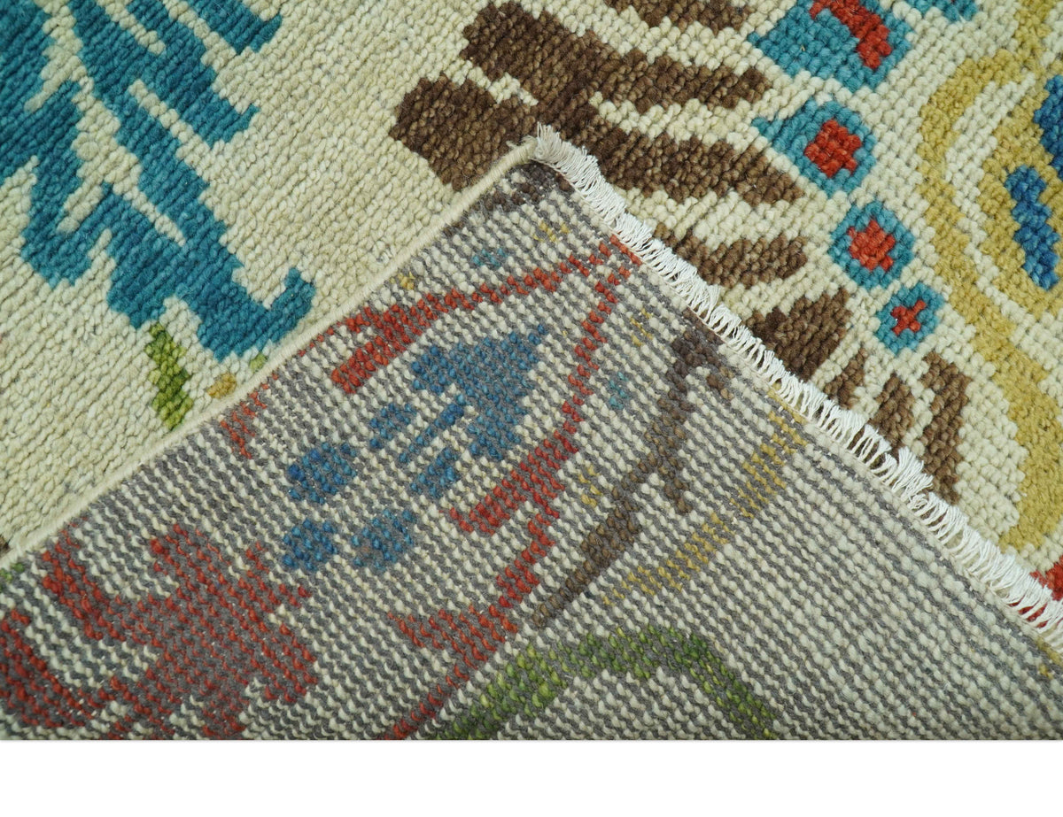 Custom Made Vintage Floral Ikat Design Beige And Blue Hand Knotted Wool Rug.
