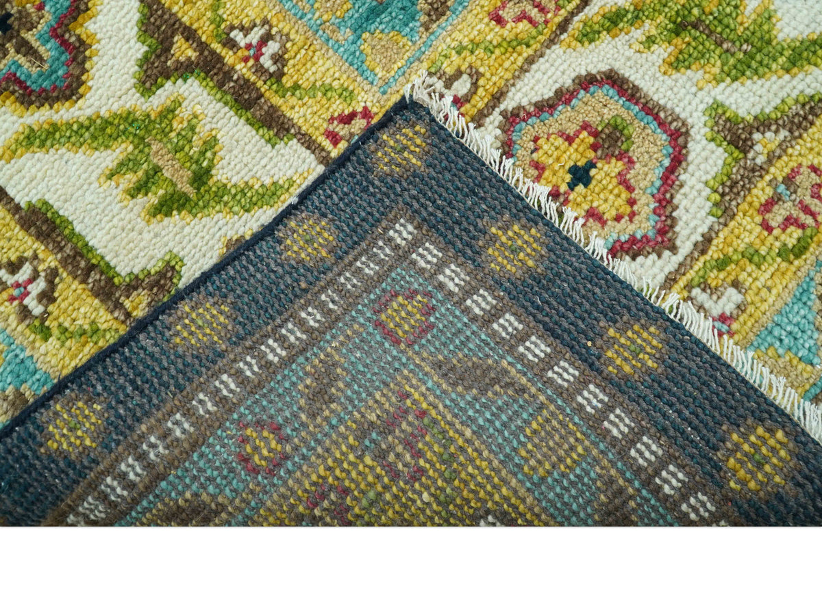 Custom Made Traditional Serapi Design Blue And Mustard Hand Knotted Wool Rug.