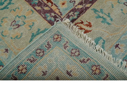 Teal And Beige Traditional Oushak Hand Knotted Wool Area Rug.
