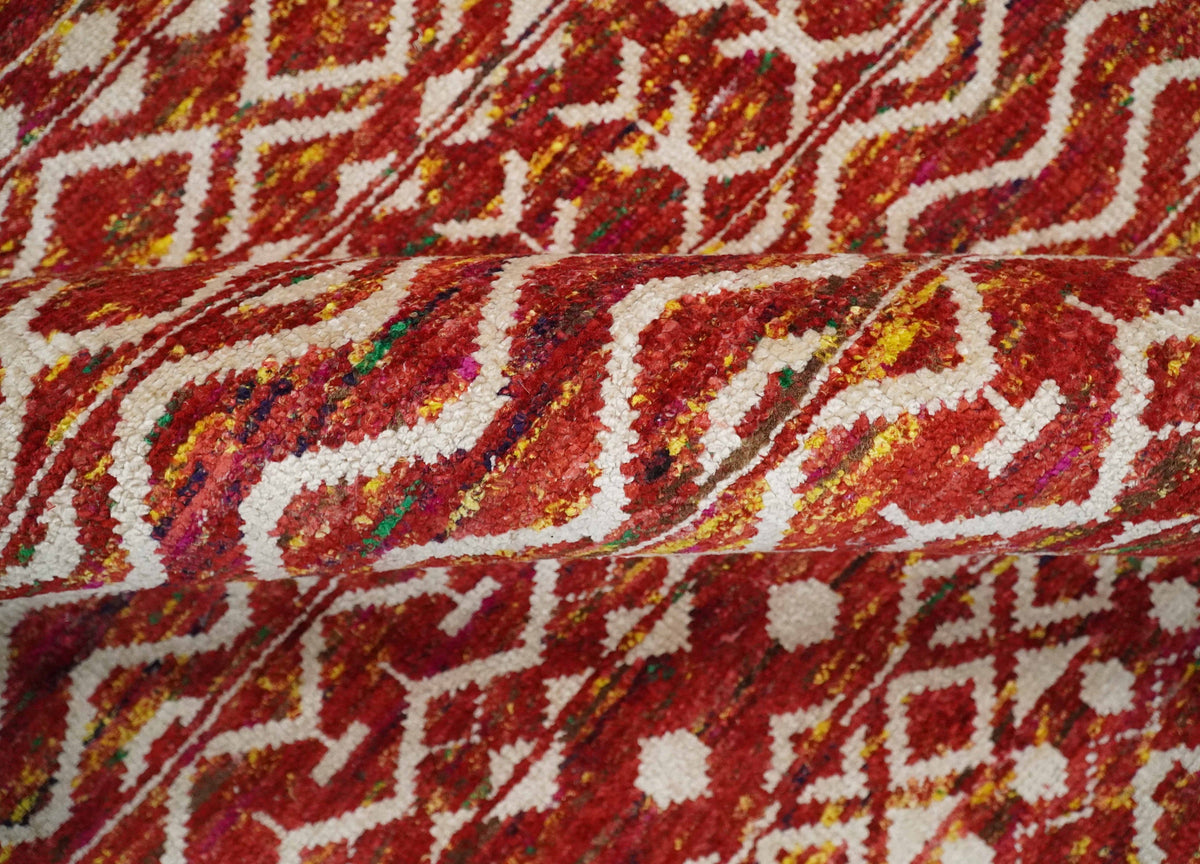4x6 and 8x10 Hand Knotted Rust, Gold and White Modern Contemporary Southwestern Tribal Trellis Recycled Silk Area Rug.