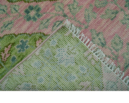 Custom Made Pink And Green Traditional Floral Motifs Design Hand Knotted wool area rug.