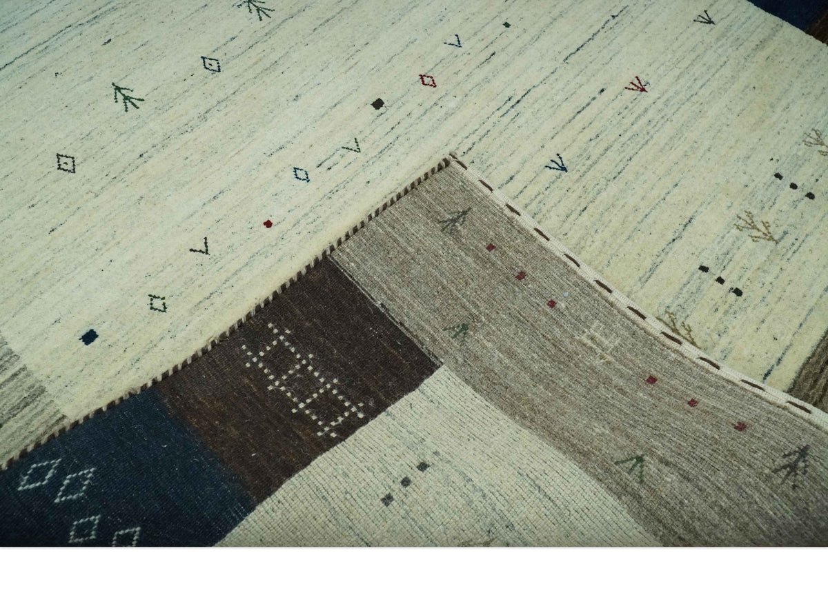 Ivory, Olive, Blue and Charcoal Handloom Tribal Gabbeh Multi Size wool Area Rug.