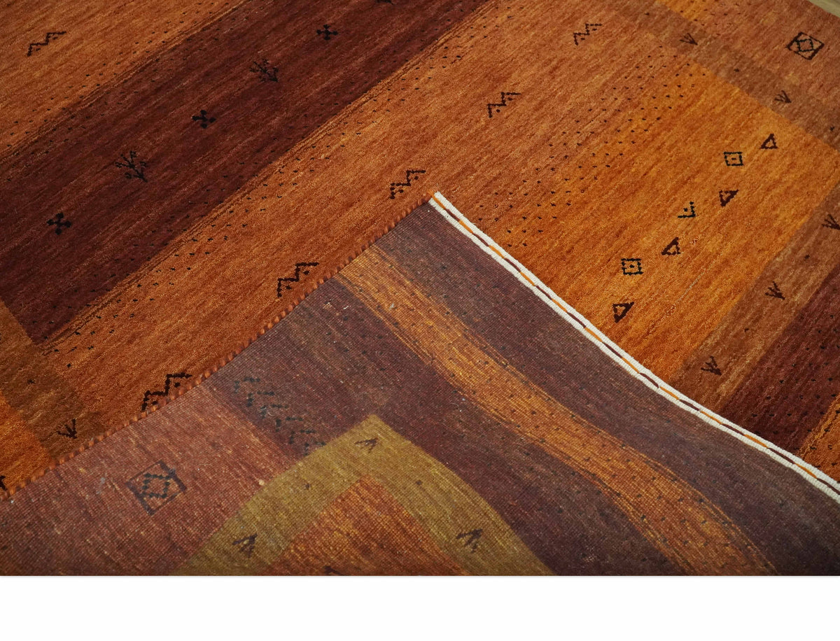 Custom Made geometrical Stripes Design Rust and Brown Hand loom wool Area Rug.