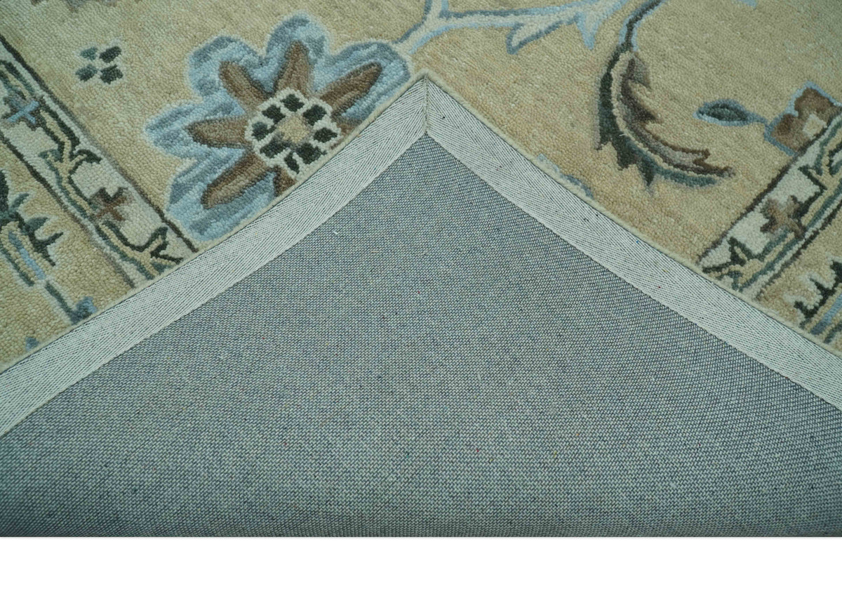 Custom Made Beige, Ivory and Blue Hand Tufted Floral Oriental Oushak wool area rug.
