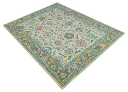Custom Made Beige, Blue and Purple Traditional Floral Hand Tufted wool rug.