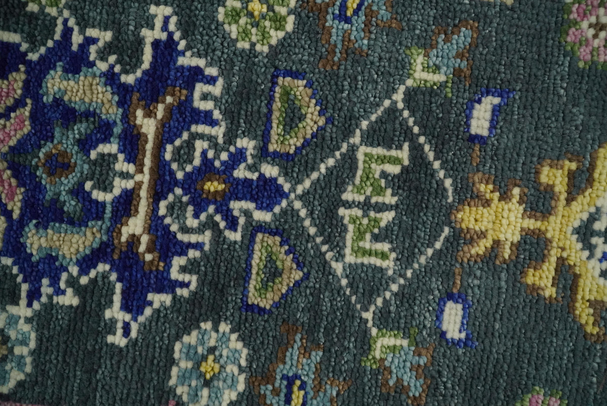 Antique Design Hand Knotted Charcoal, Green Moss and Blue Oushak Custom Made Rug.
