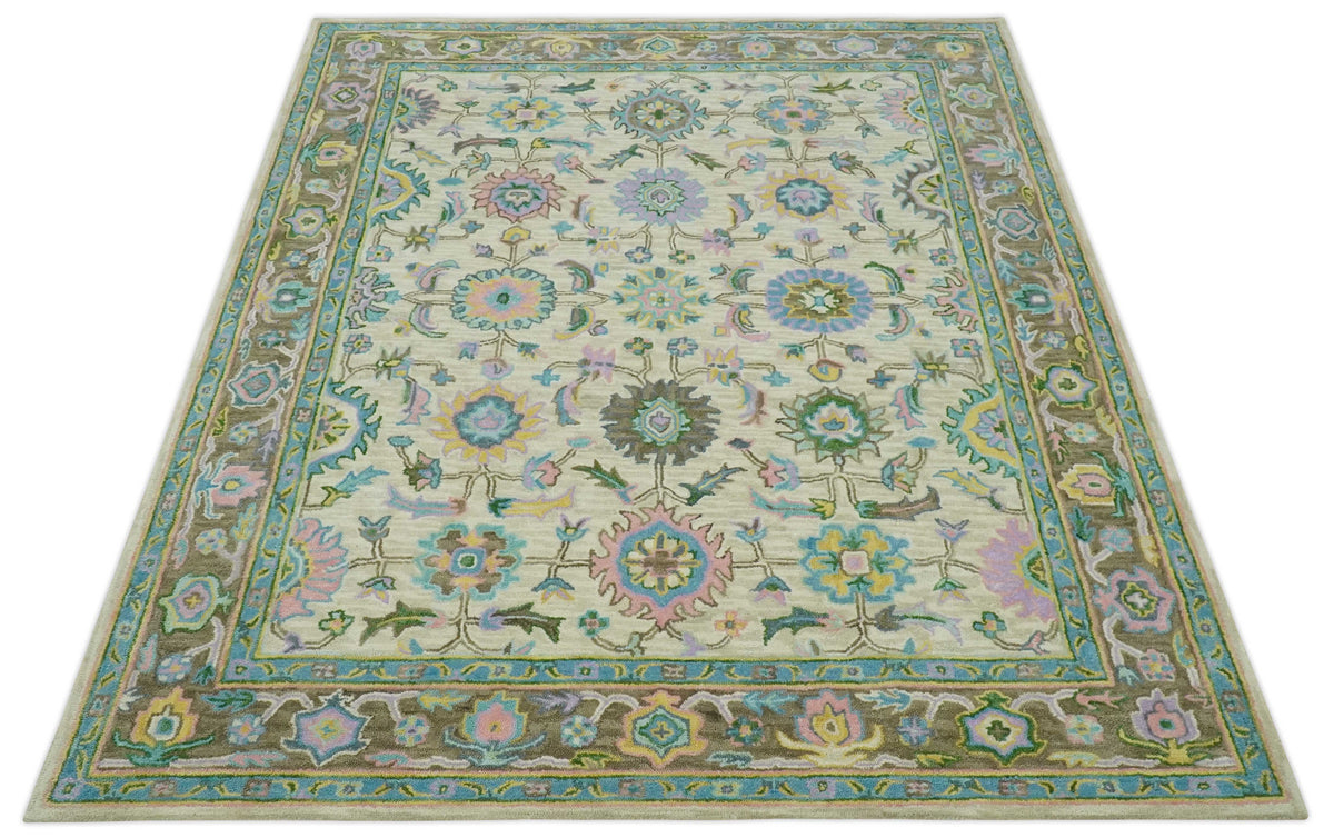Custom Made Beige, Blue and Purple Traditional Floral Hand Tufted wool rug.