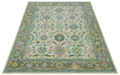 Custom Made Beige, Blue and Purple Traditional Floral Hand Tufted wool rug.