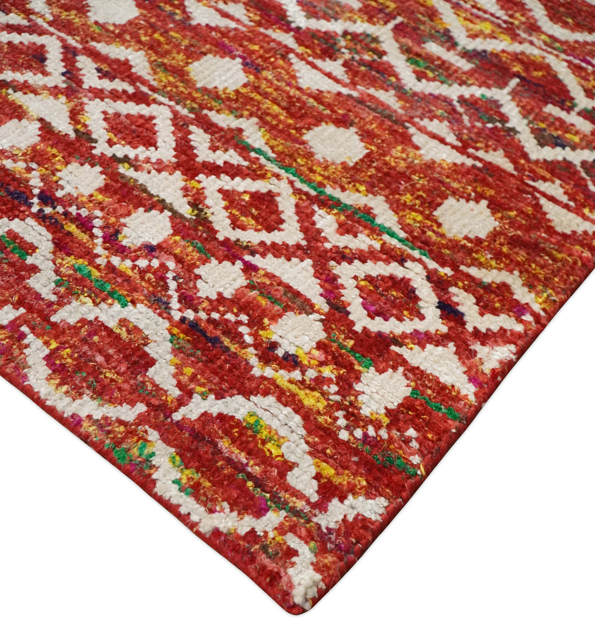 4x6 and 8x10 Hand Knotted Rust, Gold and White Modern Contemporary Southwestern Tribal Trellis Recycled Silk Area Rug.