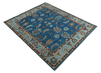 Blue And Brown Hand Knotted Floral Oushak Wool Area Rug.