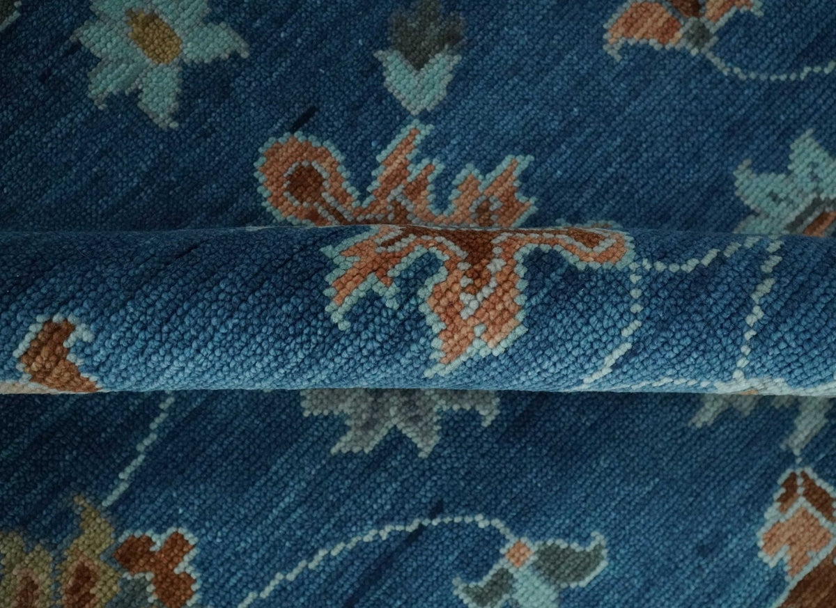 Blue And Brown Hand Knotted Floral Oushak Wool Area Rug.
