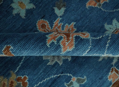 Blue And Brown Hand Knotted Floral Oushak Wool Area Rug.