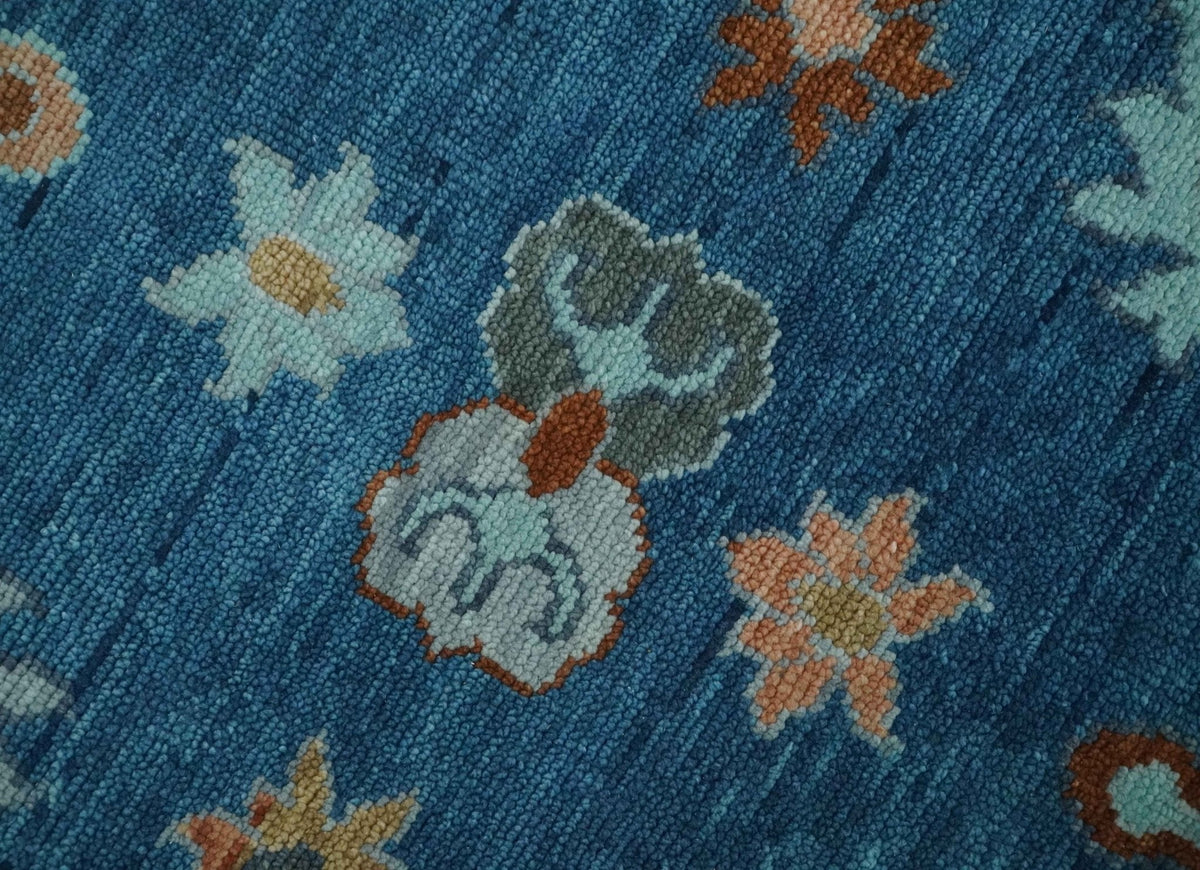 Blue And Brown Hand Knotted Floral Oushak Wool Area Rug.
