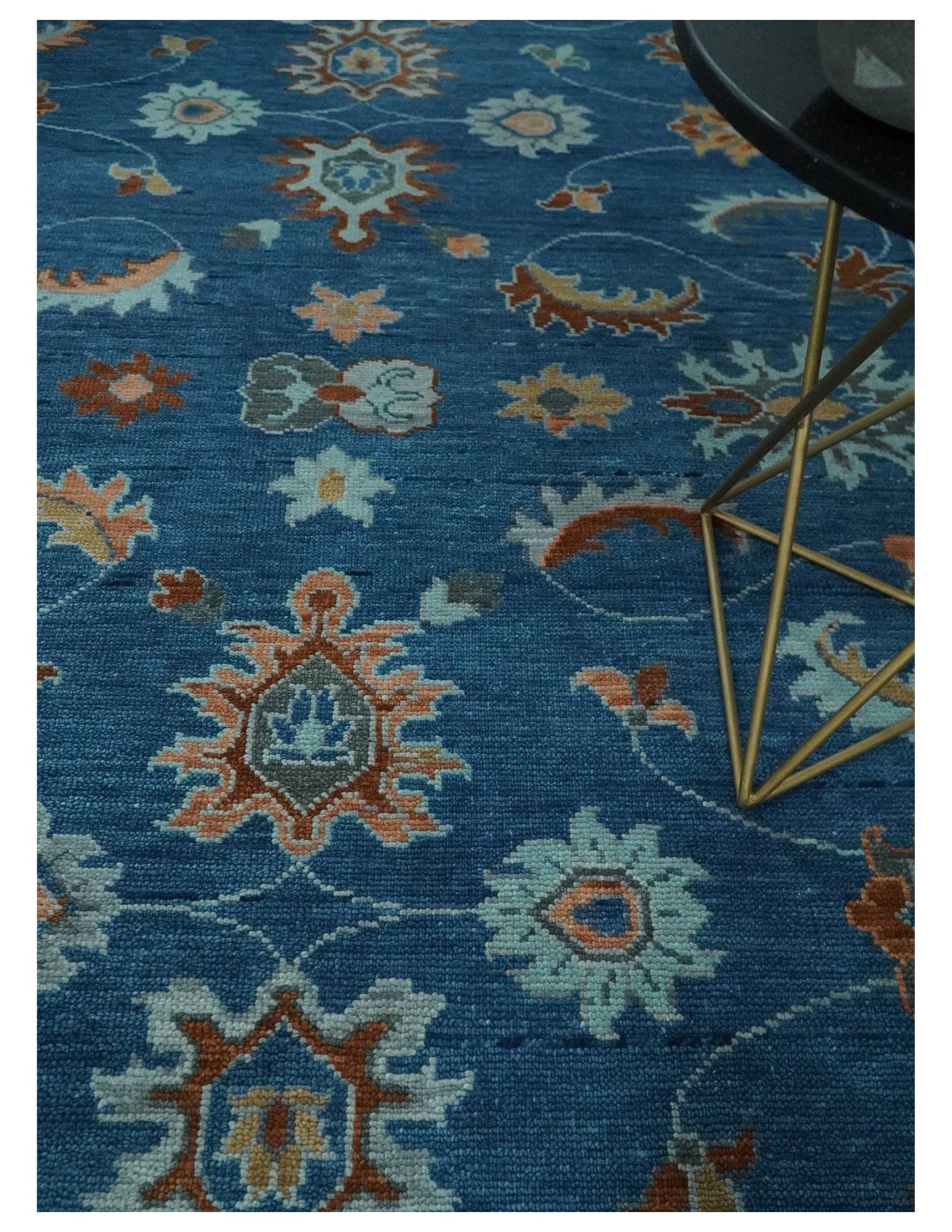 Blue And Brown Hand Knotted Floral Oushak Wool Area Rug.